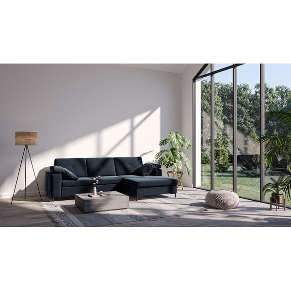 Tmavě modrá sametová rozkládací rohová pohovka Ghado Moor, pravý roh-image-3