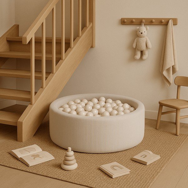 Krémový manšestrový bazének s míčky ø 90x30 cm Montessori – Meowbaby-image-2