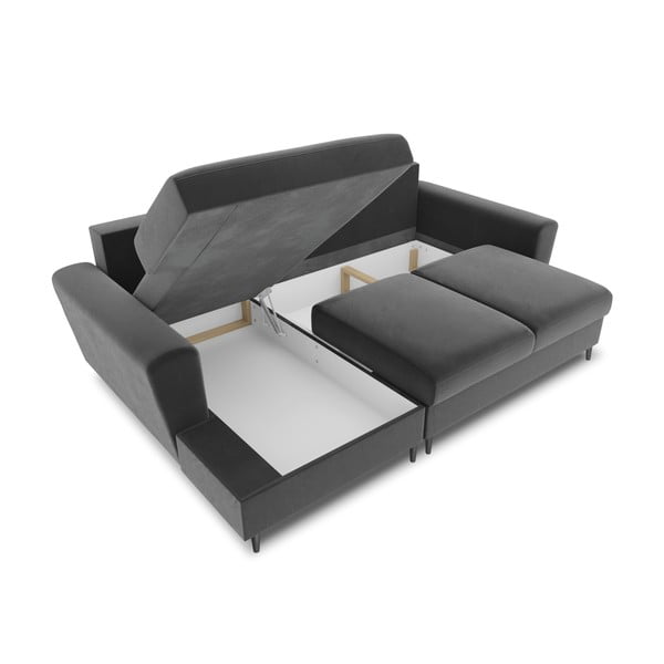 Světle šedá sametová rozkládací/s úložným prostorem rohová pohovka (levý roh/s lenoškou) Kyoto – Cosmopolitan Design-image-3