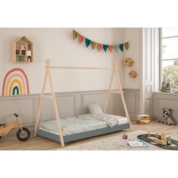 Domečková dětská postel z borovicového dřeva s roštem 90x200 cm v přírodní barvě/šedozelená Trufa – Marckeric-image-1