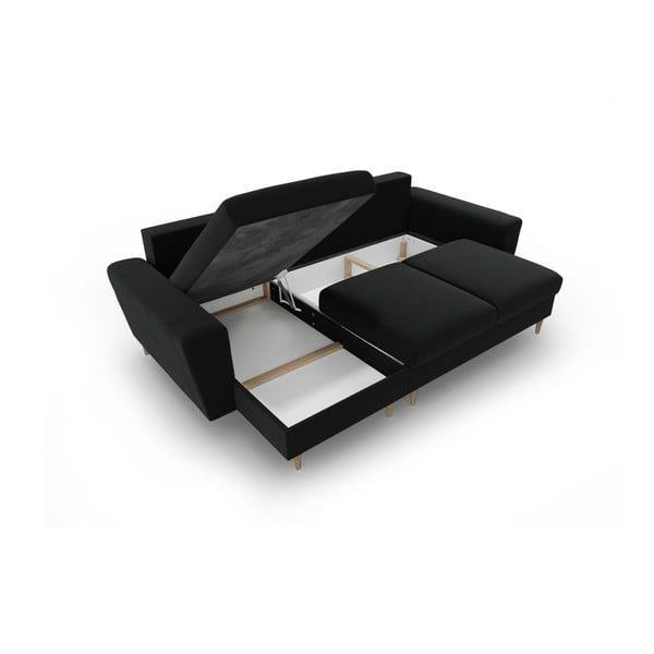 Černá sametová rozkládací/s úložným prostorem rohová pohovka Kyoto – Cosmopolitan Design-image-3