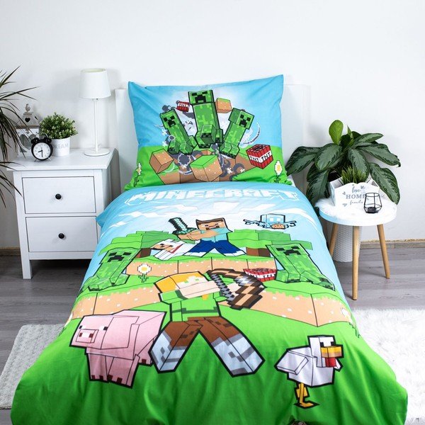 Zeleno-modré bavlněné dětské povlečení na jednolůžko 140x200 cm Minecraft "Outdoor Mobs" – Jerry Fabrics-image-1