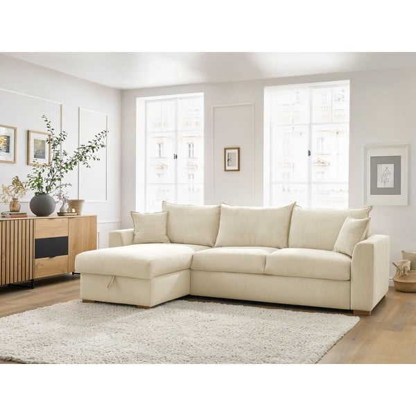 Krémová manšestrová rozkládací rohová pohovka (variabilní) Augustin – Bobochic Paris-image-1