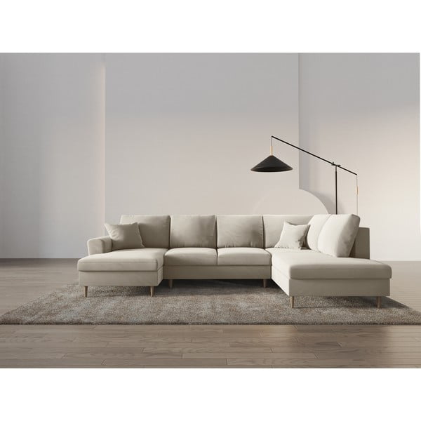 Béžová sametová rozkládací/s úložným prostorem rohová pohovka (pravý roh/do "U") Kyoto – Cosmopolitan Design-image-2