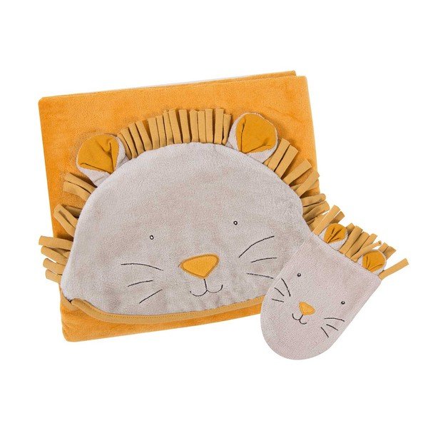 Set žluté bavlněné dětské osušky s kapucí a žínky 80x114 cm Sous mon Baobab – Moulin Roty-image-1