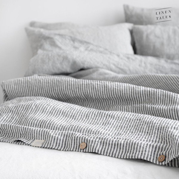 Bílo-černý lněný povlak na peřinu na jednolůžko/prodloužený 140x220 cm Thin Black Stripes – Linen Tales-image-4