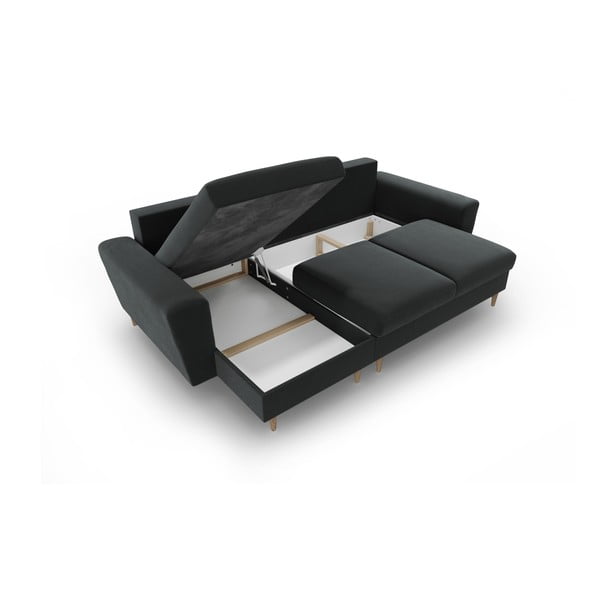 Tmavě šedá sametová rozkládací/s úložným prostorem rohová pohovka Kyoto – Cosmopolitan Design-image-3