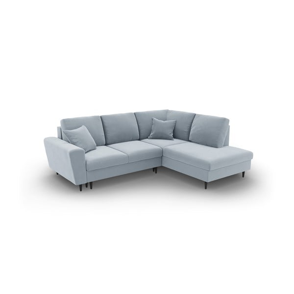 Světle modrá sametová rozkládací/s úložným prostorem rohová pohovka (pravý roh/do L) Kyoto – Cosmopolitan Design-image-1