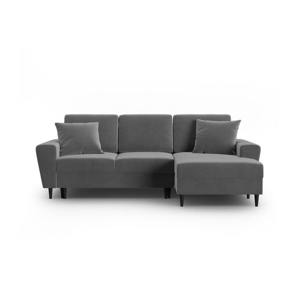 Světle šedá sametová rozkládací/s úložným prostorem rohová pohovka (pravý roh/s lenoškou) Kyoto – Cosmopolitan Design