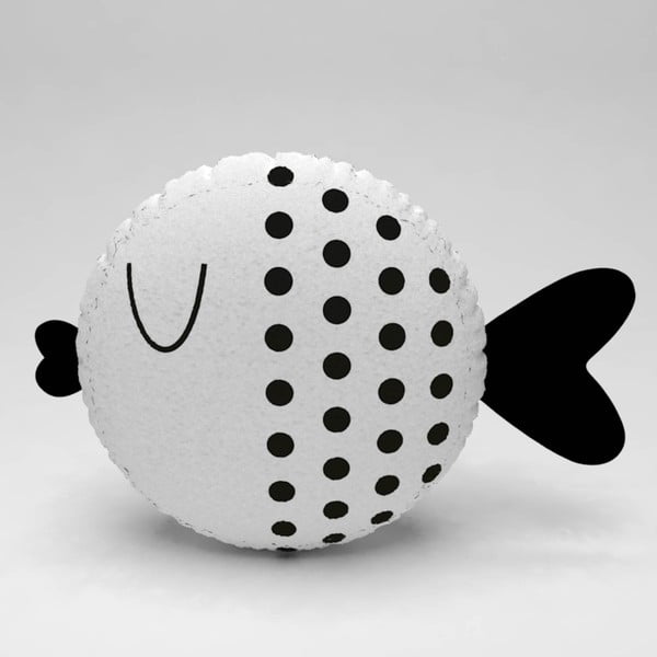 Bílý polštářek s černými puntíky Fishie, ⌀ 32 cm