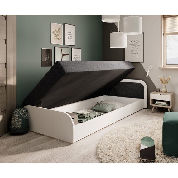 Bílá/tmavě šedá čalouněná/z dřevotřísky jednolůžková postel s úložným prostorem s matrací 80x190 cm Parys – ELTAP-image-2