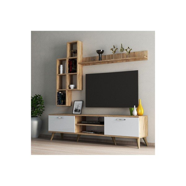 Bílá/přírodní TV  sestava  v dekoru borovice 180x48 cm Veronica – Kalune Design-image-1