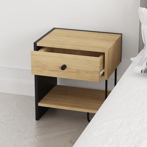 Černý/v přírodní barvě noční stolek v dekoru dubu s poličkami Saturne – Marckeric-image-2