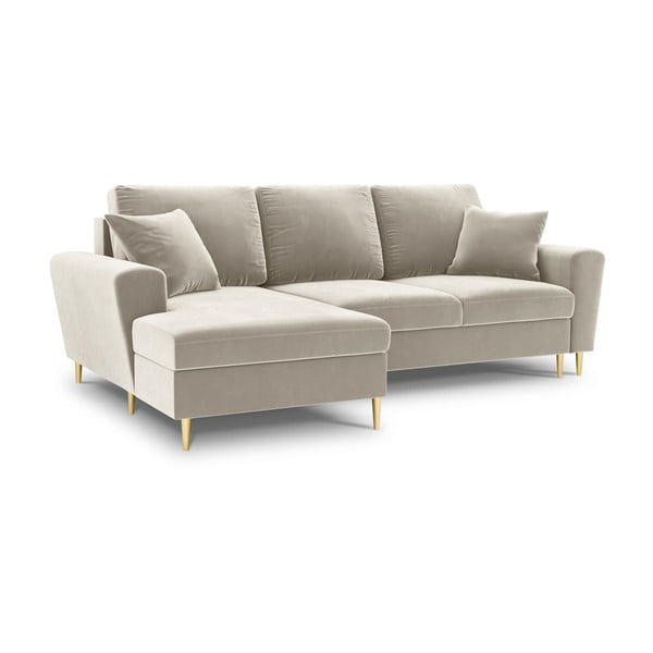 Béžová sametová rozkládací/s úložným prostorem rohová pohovka (levý roh/s lenoškou) Kyoto – Cosmopolitan Design-image-1