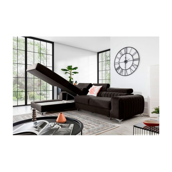 Tmavě hnědá sametová rozkládací/s úložným prostorem rohová pohovka (levý roh/s lenoškou) Grayson – ELTAP-image-3