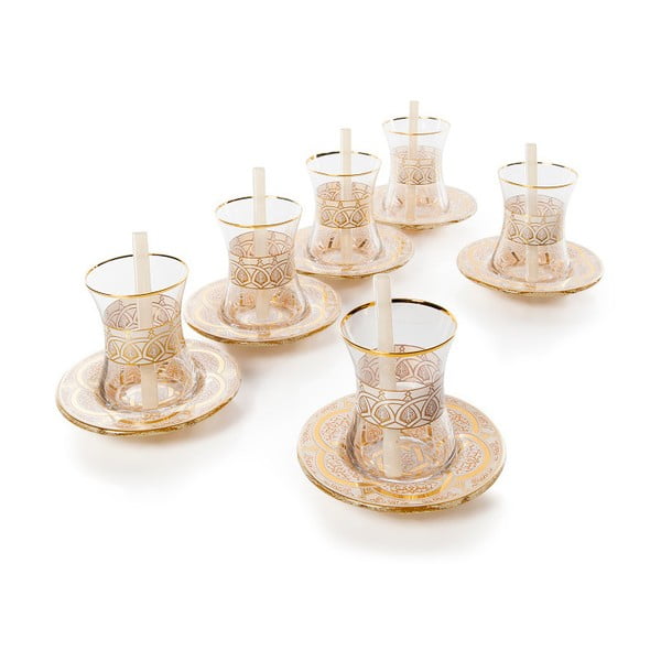 18dílný skleněný čajový set ve zlaté barvě Oujda