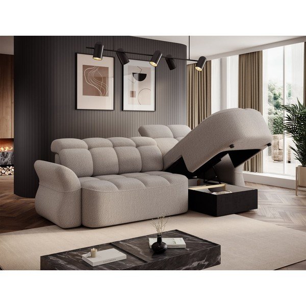 Béžová rozkládací/s úložným prostorem rohová pohovka z textilie bouclé (pravý roh/s lenoškou) Beneth – ELTAP-image-4