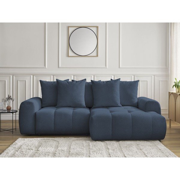 Modrá žinylková rozkládací/s úložným prostorem rohová pohovka (pravý roh/s lenoškou) Roxelane – Bobochic Paris-image-1