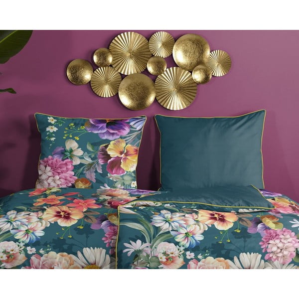 Petrolejově modré povlečení na jednolůžko z organické bavlny Descanso Sunflower, 140 x 200 cm-image-2