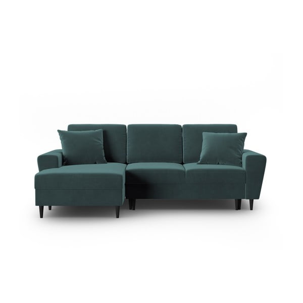 Sametová rozkládací/s úložným prostorem rohová pohovka v petrolejové barvě (levý roh/s lenoškou) Kyoto – Cosmopolitan Design