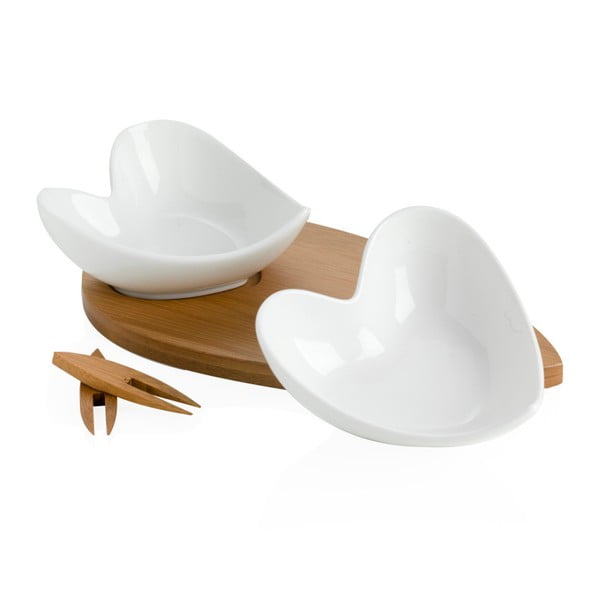 Sada 2 servírovacích misek s bambusovým podnosem a dvěma napichovátky Brandani Coeur Blanc-image-2