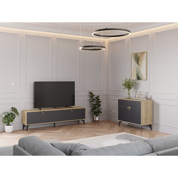 TV stolek v dekoru dubu v černo-přírodní barvě 180x51 cm Nola – Marckeric-image-1