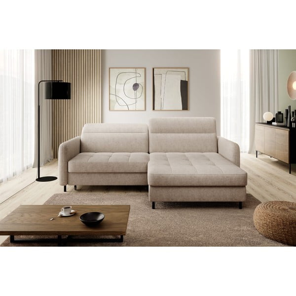 Béžová žinylková rozkládací/s úložným prostorem rohová pohovka (pravý roh/s lenoškou) Gomsi – ELTAP-image-1