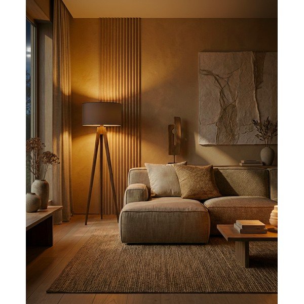 Černá/hnědá stojací lampa s textilním stínidlem (výška 153 cm) Tripod – Opviq lights-image-1