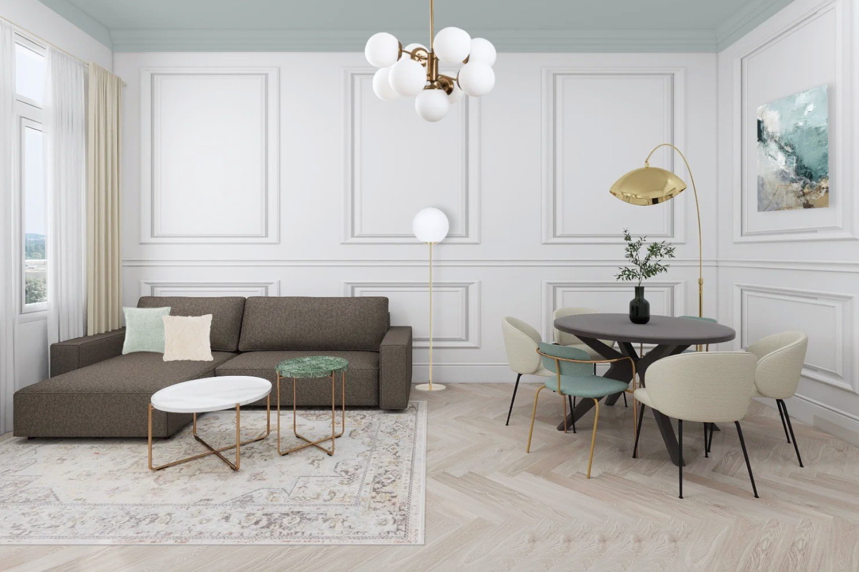 Návrh obývacího prostoru pracuje s vysokým stropem, symetrií a jemnými glamour detaily.