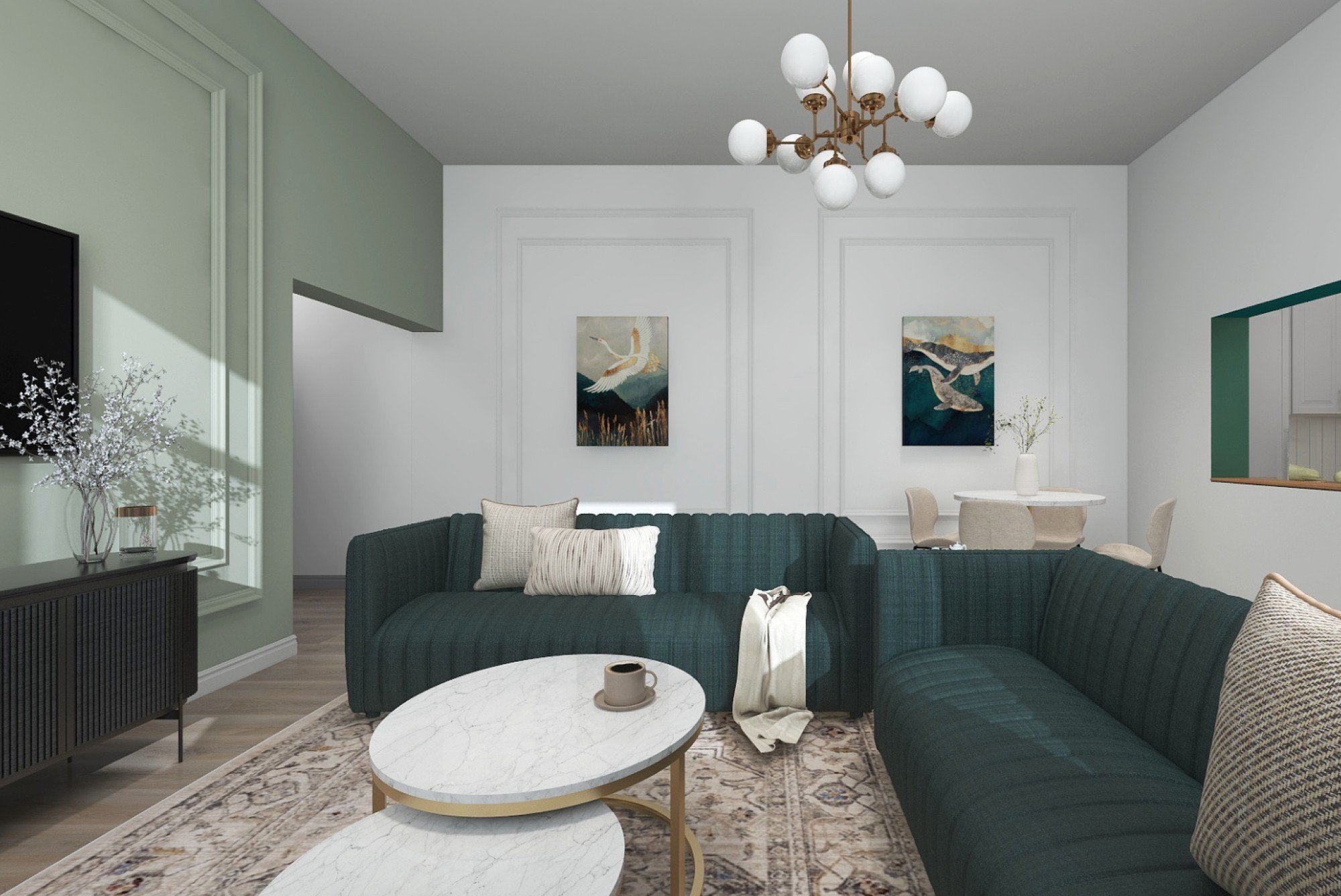 Výrazná sedačka byla už v návrhu navržena jako přirozený středobod celého obývacího prostoru, kolem kterého se odehrává každodenní život. Barevnost i rozložení nábytku podporují pocit otevřenosti a pohodlí.