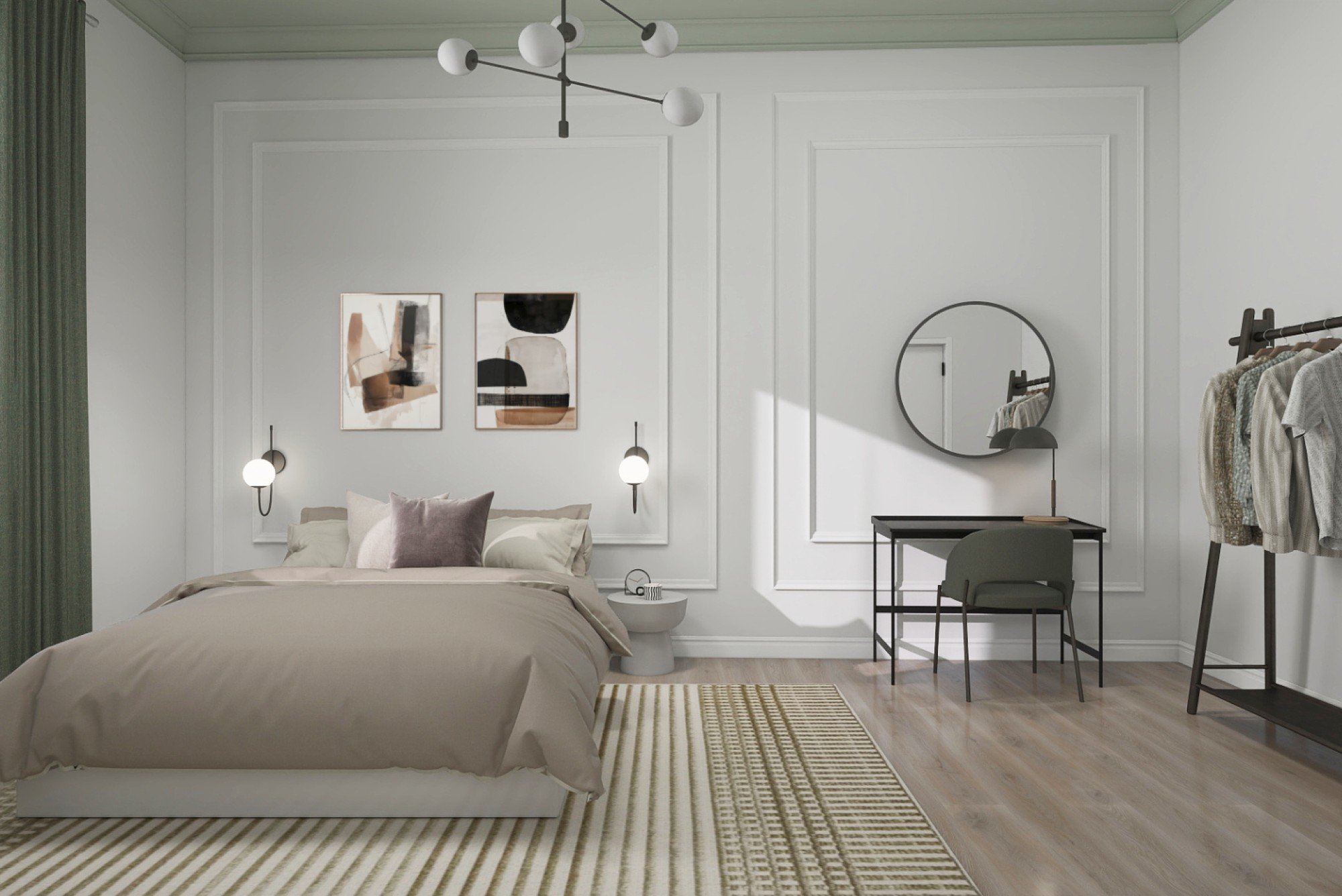 Návrh pracuje s jemnou barevností a chytrým rozdělením prostoru, kde ložnice a pracovní kout fungují přirozeně vedle sebe.