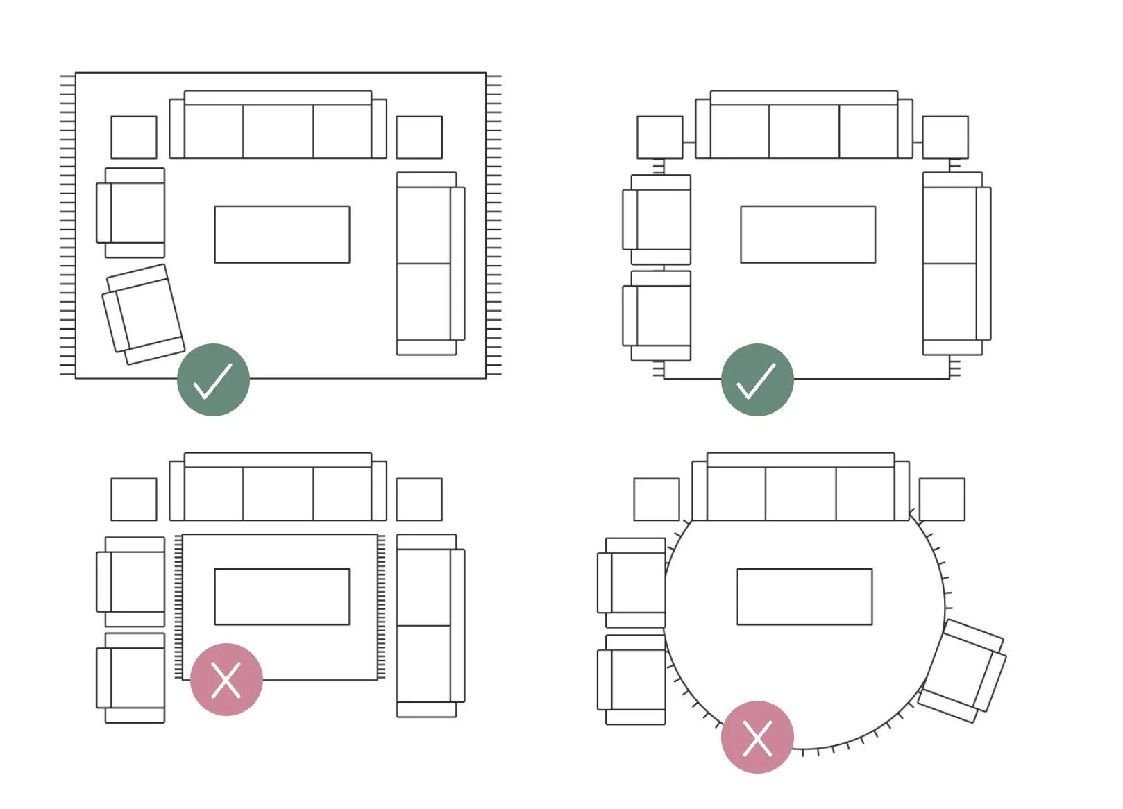Jak vybrat koberec? Raději zvolte větší rozměr, aby místnost působila sjednoceně. Problémem může být i kulatý koberec, který si spíše rozumí s kulatými kusy nábytku.