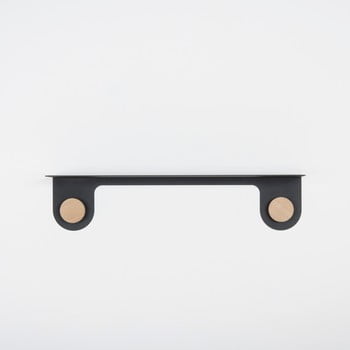 Raft de perete din oțel și detalii din lemn de stejar, cu 2 cârlige gazzda hook, lungime 60 cm, negru