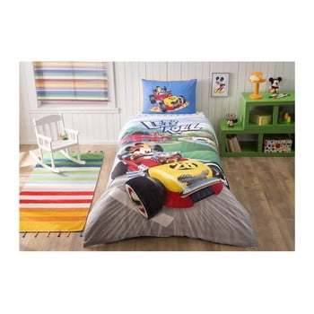 Lenjerie de pat din bumbac cu cearșaf Disney Mickey Racer, 160 x 220 cm