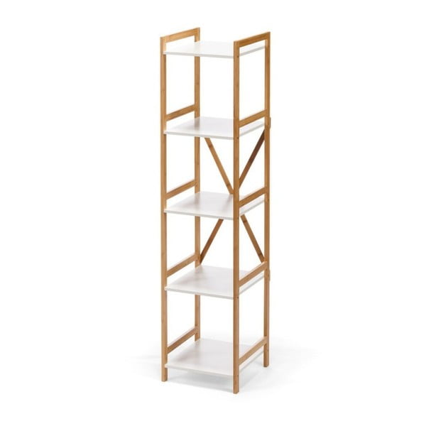 Bílý úzký pětipatrový regál s bambusovou konstrukcí loomi.design Lora