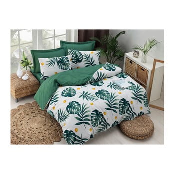 Lenjerie și cearșaf din amestec de bumbac pentru pat dublu monstera green, 200 x 220 cm