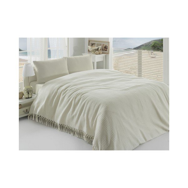 Krémový lehký bavlněný přehoz přes postel na dvoulůžko Pique, 220 x 240 cm