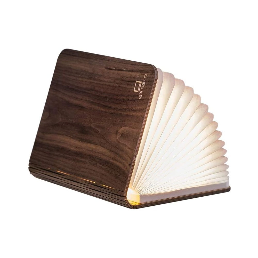 Tmavě hnědá malá LED stolní lampa ve tvaru knihy z ořechového dřeva Gingko Booklight