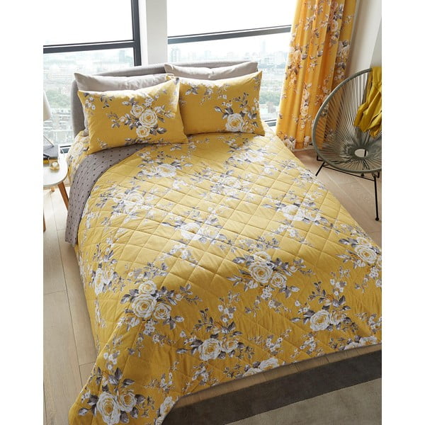 Žlutý přehoz přes postel s motivem květin Catherine Lansfield, 220 x 230 cm