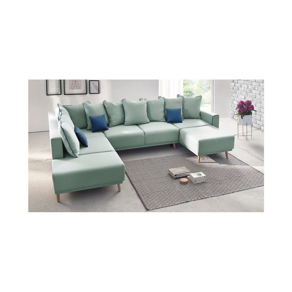 Mátově zelenárohová rozkládací pohovka s lenoškou Bobochic Paris Panoramique XXL Mola, pravý roh