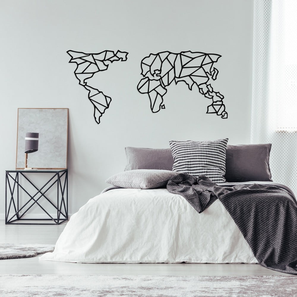 Černá kovová nástěnná dekorace Geometric World Map, 120 x 58 cm