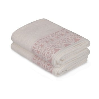 Set 2 prosoape mâini cu detalii roz romantica, 90 x 50 cm, alb