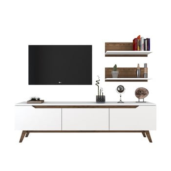 Set comodă tv și 2 etajere de perete rani white, alb-natural
