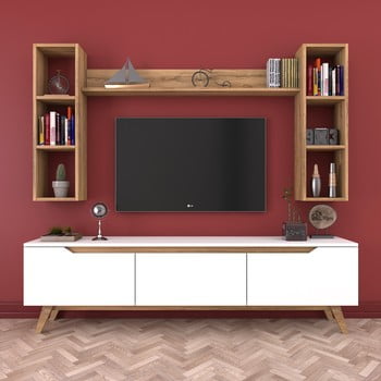 Set comodă tv cu 3 rafturi de perete wren, natural-alb