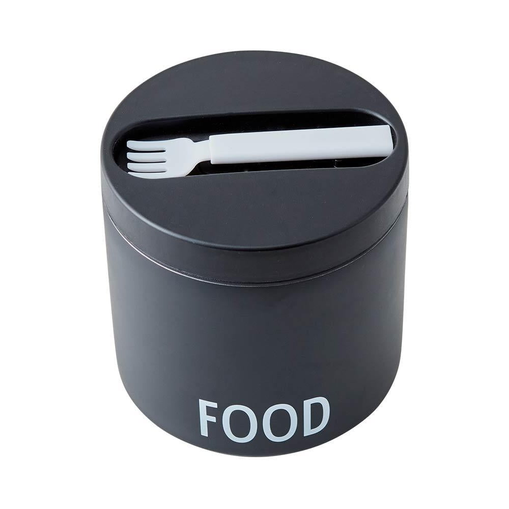 Černý svačinový termo box s lžící Design Letters Food, výška 11,4 cm