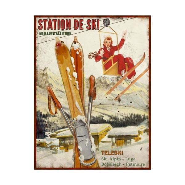 Dekorativní kovová cedule Antic Line Station de Ski, 25 x 33 cm