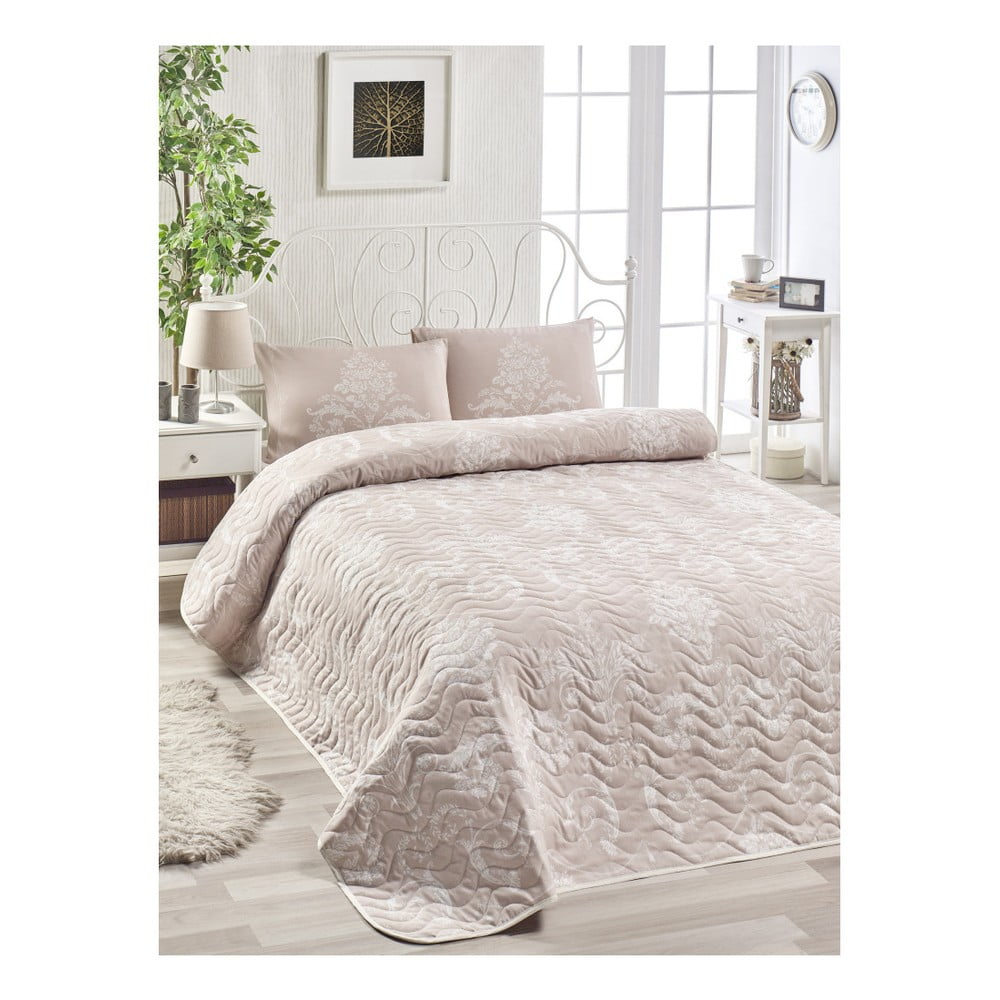 Set přehozu přes postel a 2 povlaků na polštář s příměsí bavlny EnLora Home Kralice Pink, 200 x 220 cm