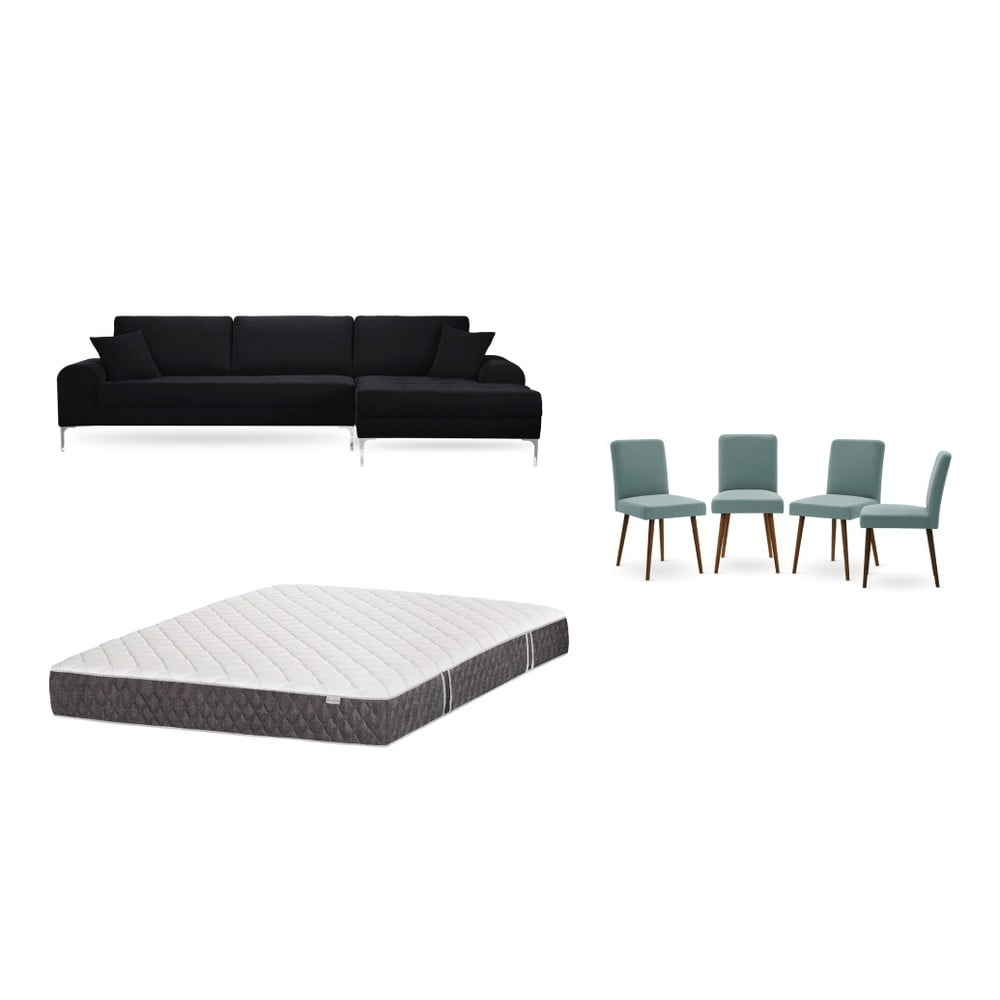 Set černé pohovky s lenoškou vpravo, 4 šedozelených židlí a matrace 160 x 200 cm Home Essentials