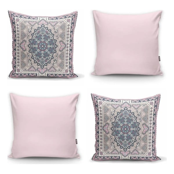 Sada 4 dekorativních povlaků na polštáře Minimalist Cushion Covers Pink Ethnic, 45 x 45 cm