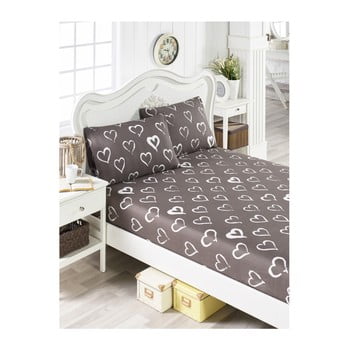 Set cearșaf și 2 fețe de pernă hearts lusno, 160 x 200 cm, maro